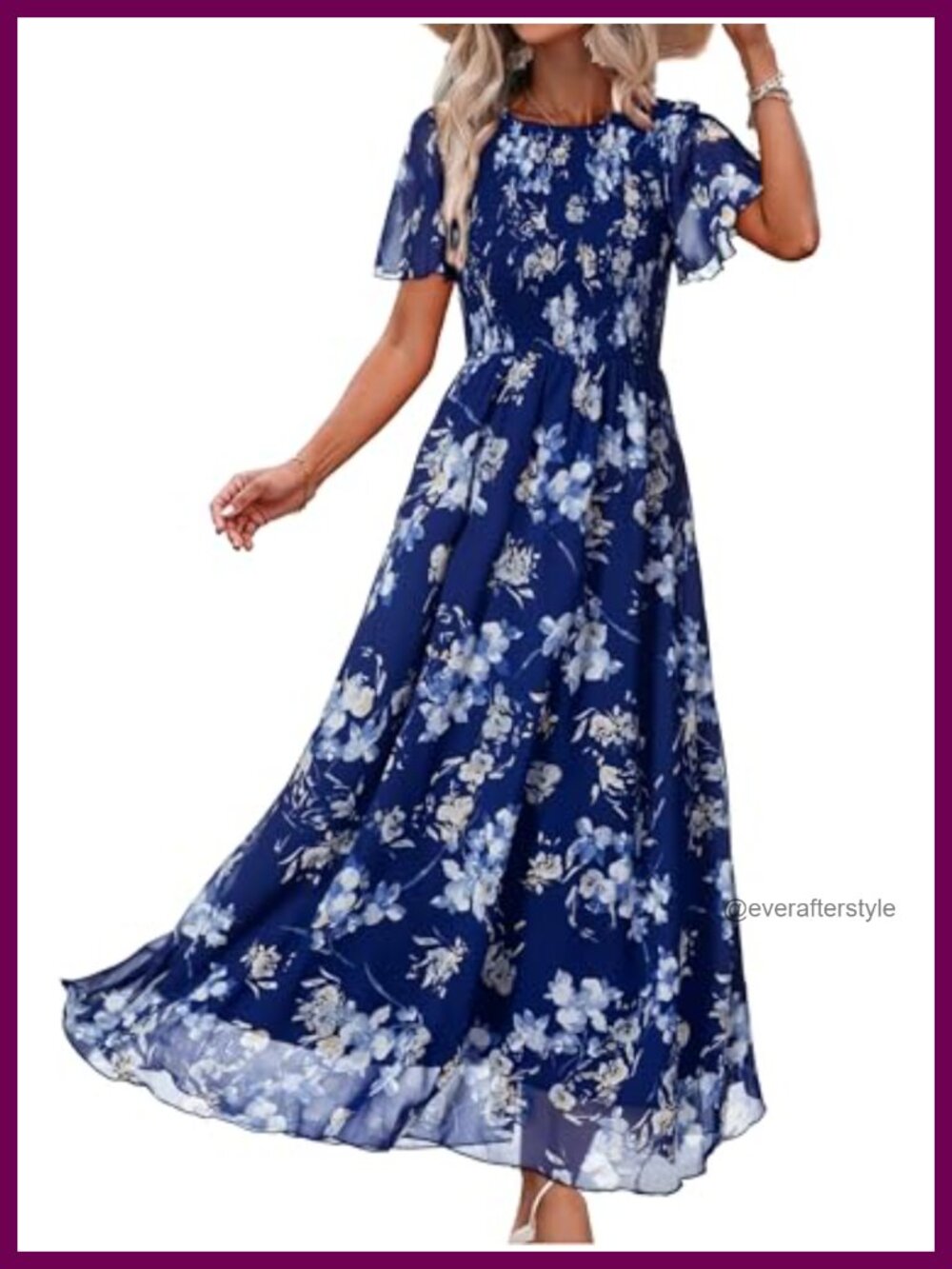Chiffon Floral Smocked Flutter Sleeve Maxi Dress Wedding Guest